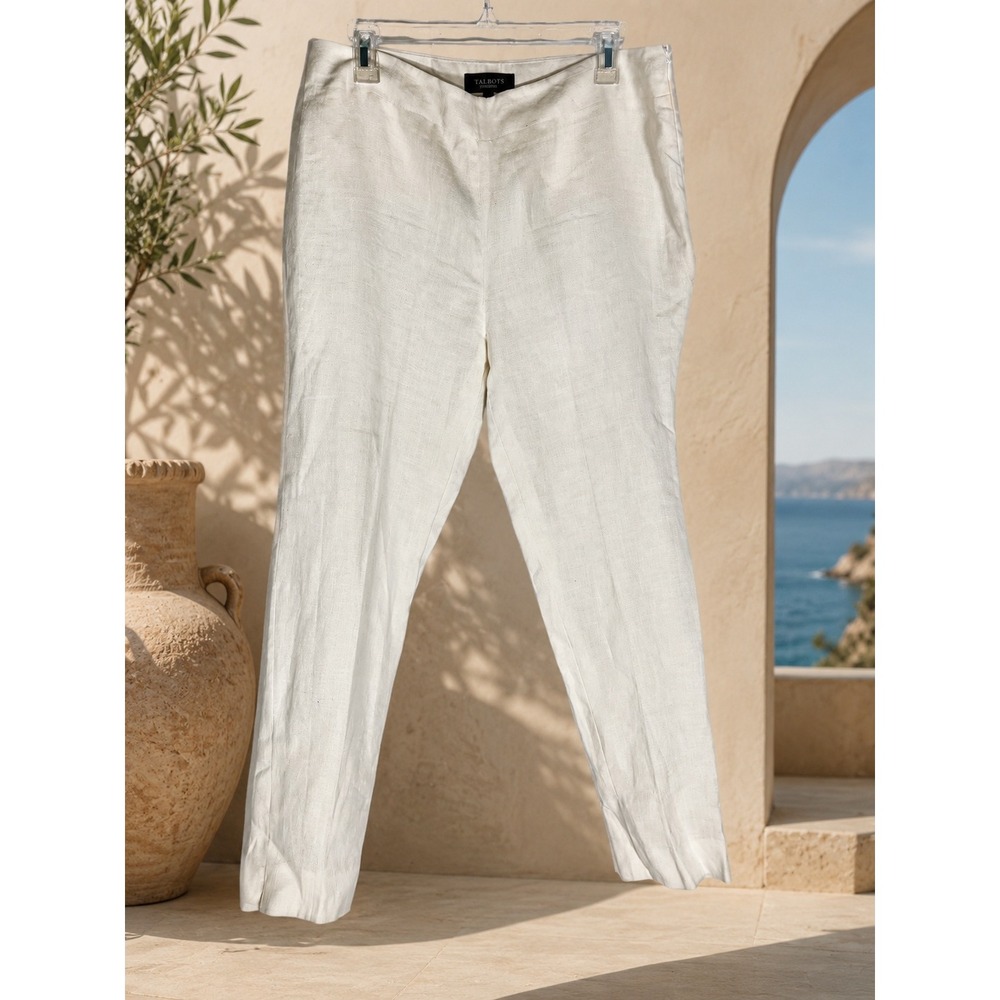Talbots Coastal Grandmother White Pure Linen Classic Side Zip Pants Size 14